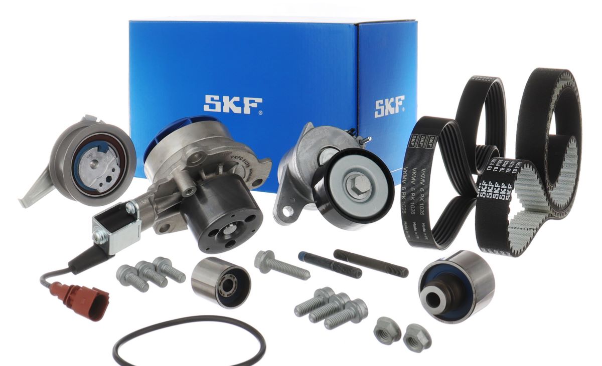 The SKF engine Masterkit is a comprehensive service solution that combines the Water pump and Timing belt Kit with the Auxiliary belt and Tensioners kit in one package solution. It follows the increased OE recommendations for maintenance of both systems at the same service interval.